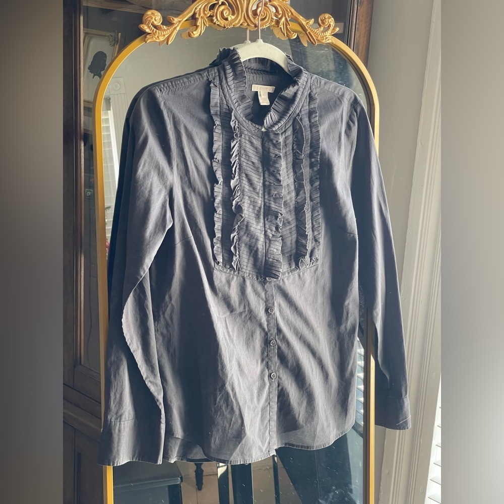 J Crew Dark Grey Long Sleeved Ruffle 100% Cotton Tuxedo Blouse